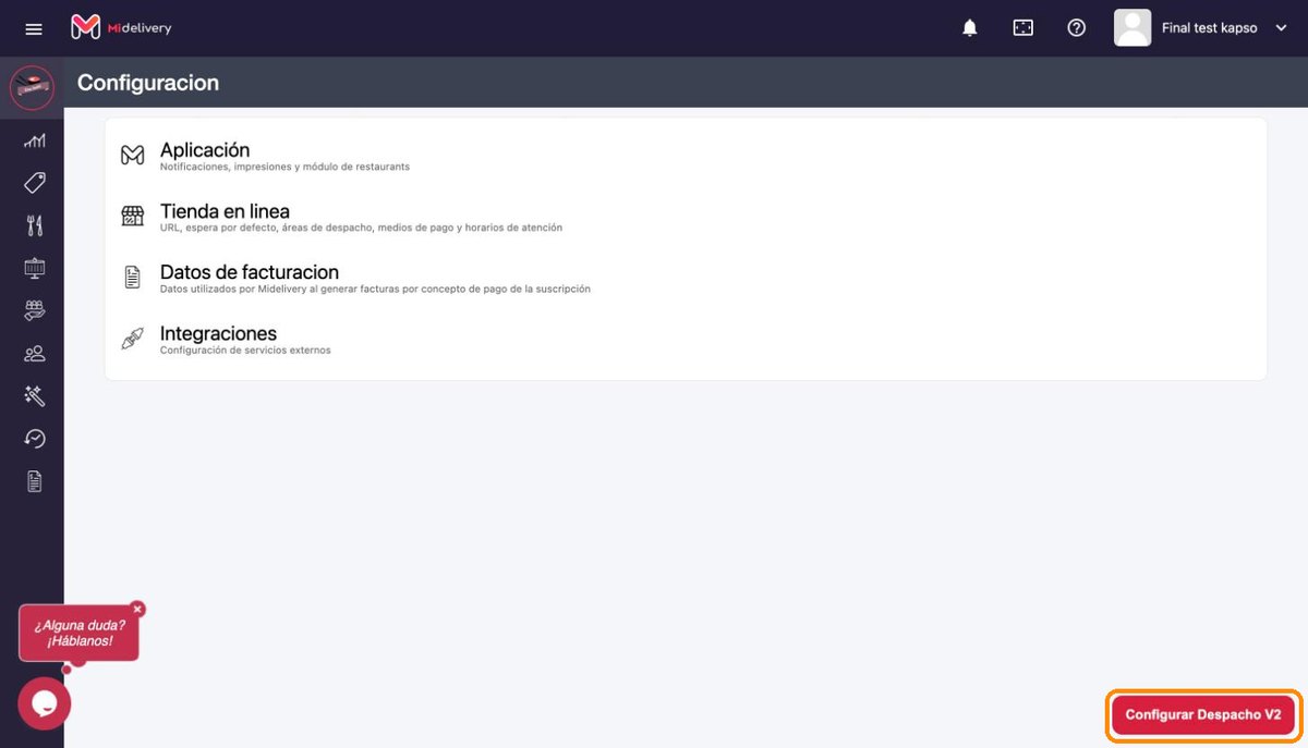 Panel de Midelivery en Configuración, con el botón Configurar Despacho V2 destacado abajo a la derecha