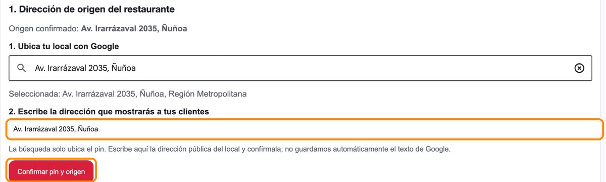 Dirección seleccionada en Google, dirección pública escrita y botón Confirmar pin y origen destacados