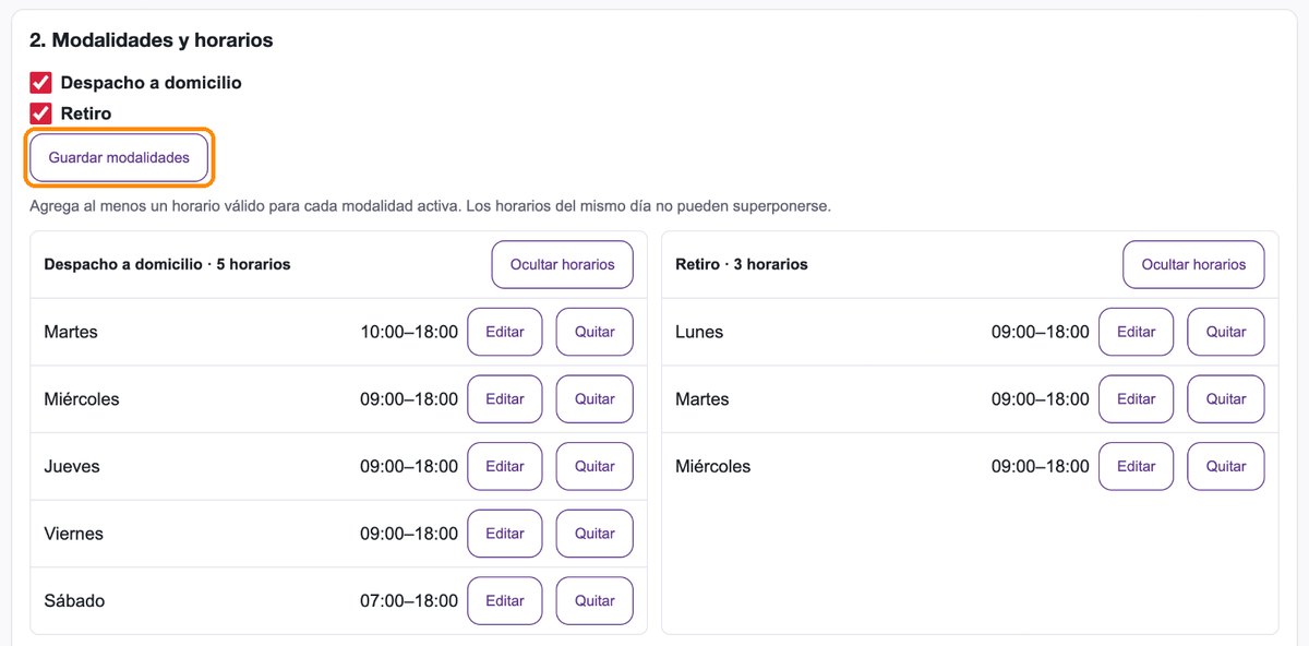 Sección Modalidades y horarios con las modalidades marcadas, el botón Guardar modalidades destacado y los horarios por modalidad