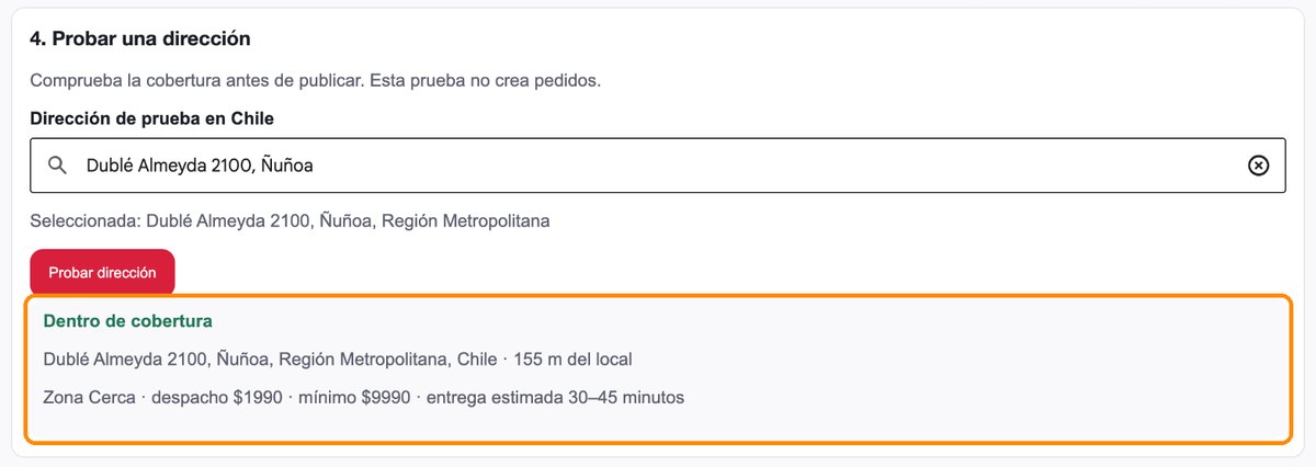 Resultado Dentro de cobertura con distancia, zona, tarifa de despacho, mínimo y entrega estimada