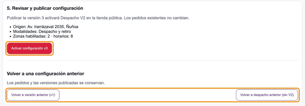 Sección Revisar y publicar configuración con el resumen, el botón Activar configuración y las opciones para volver a una configuración anterior destacadas