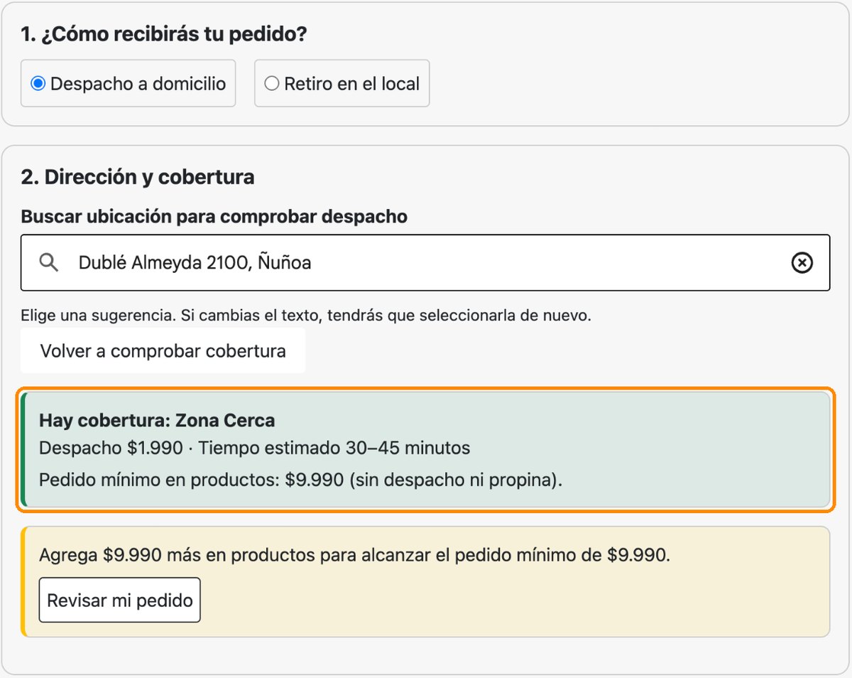 Carro de la tienda online con Despacho a domicilio seleccionado y el mensaje Hay cobertura con despacho, tiempo estimado y pedido mínimo